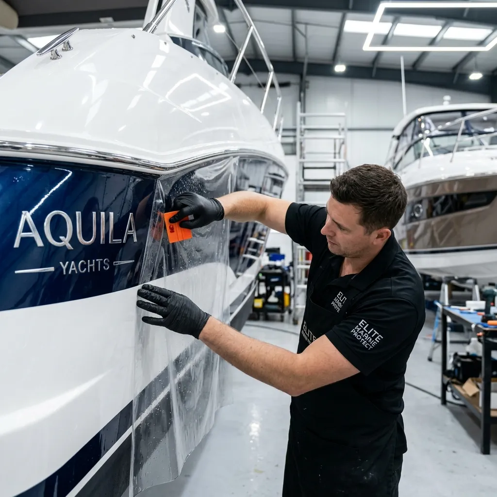 Paint protection being applied to a boat hull