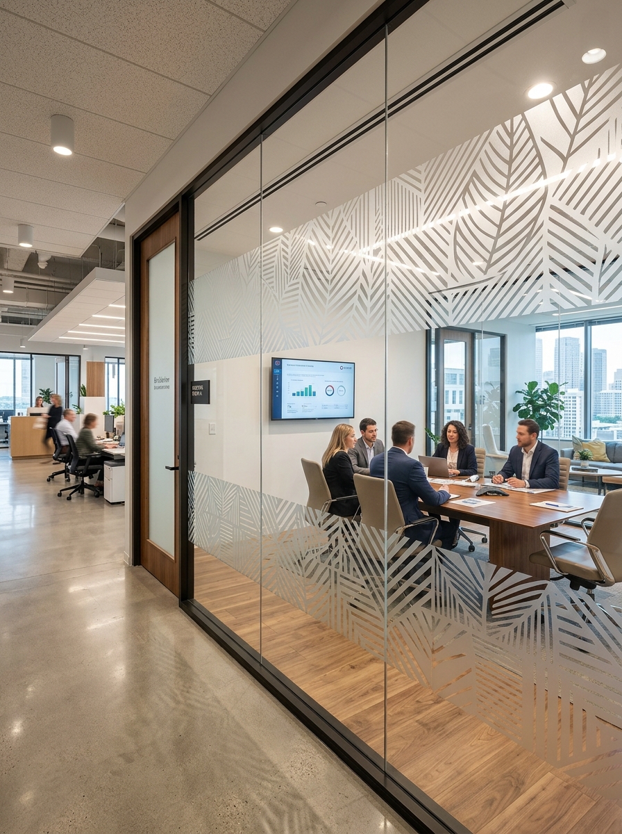 Decorative frosted window film on office conference room glass