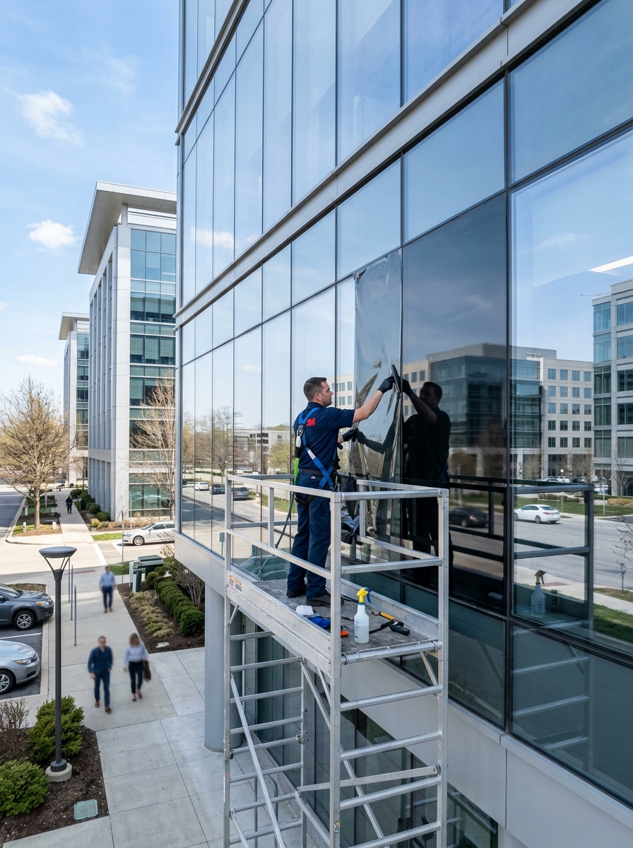 Professional window tinting on a commercial office building