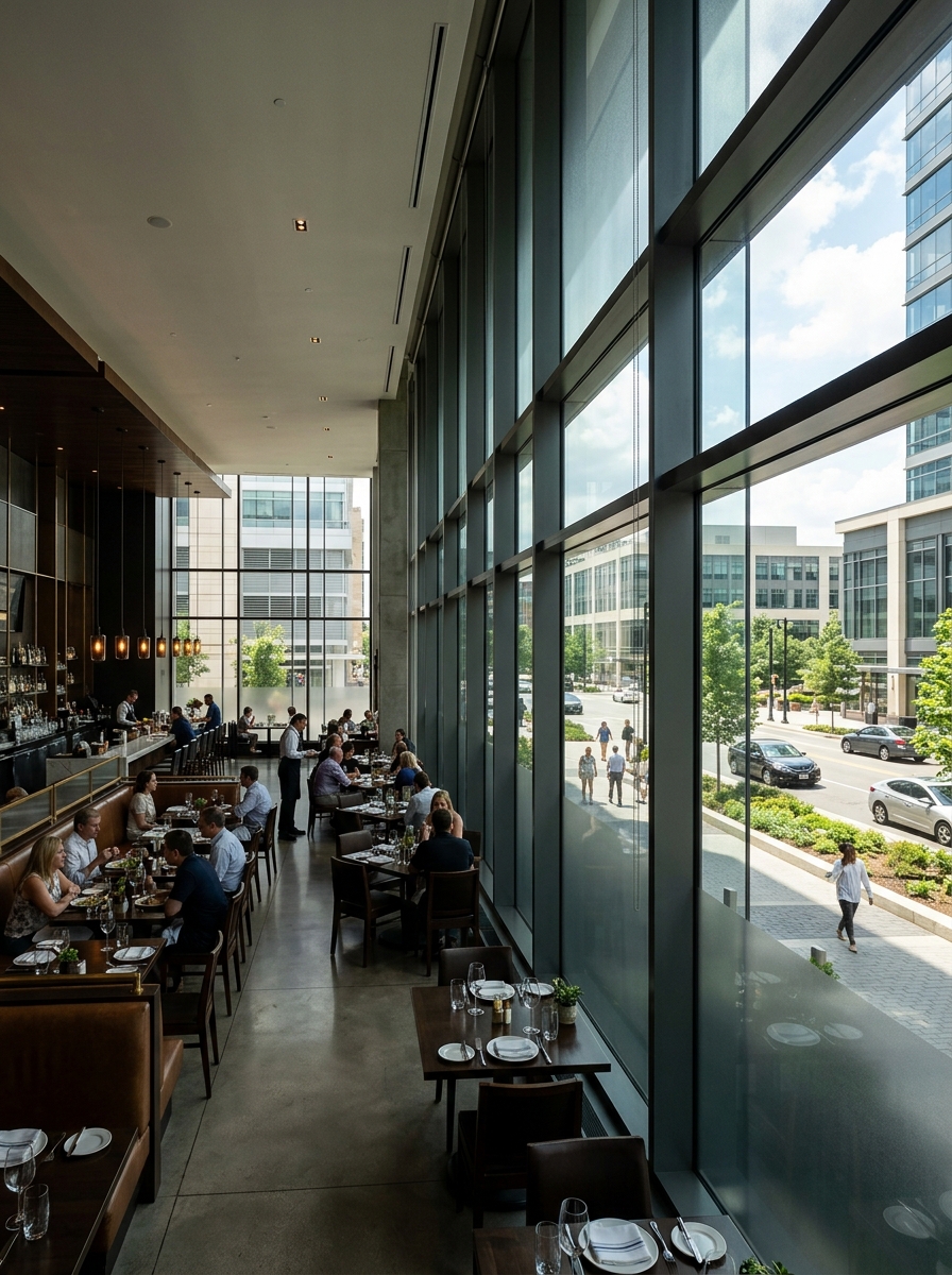 Restaurant with tinted floor-to-ceiling commercial windows