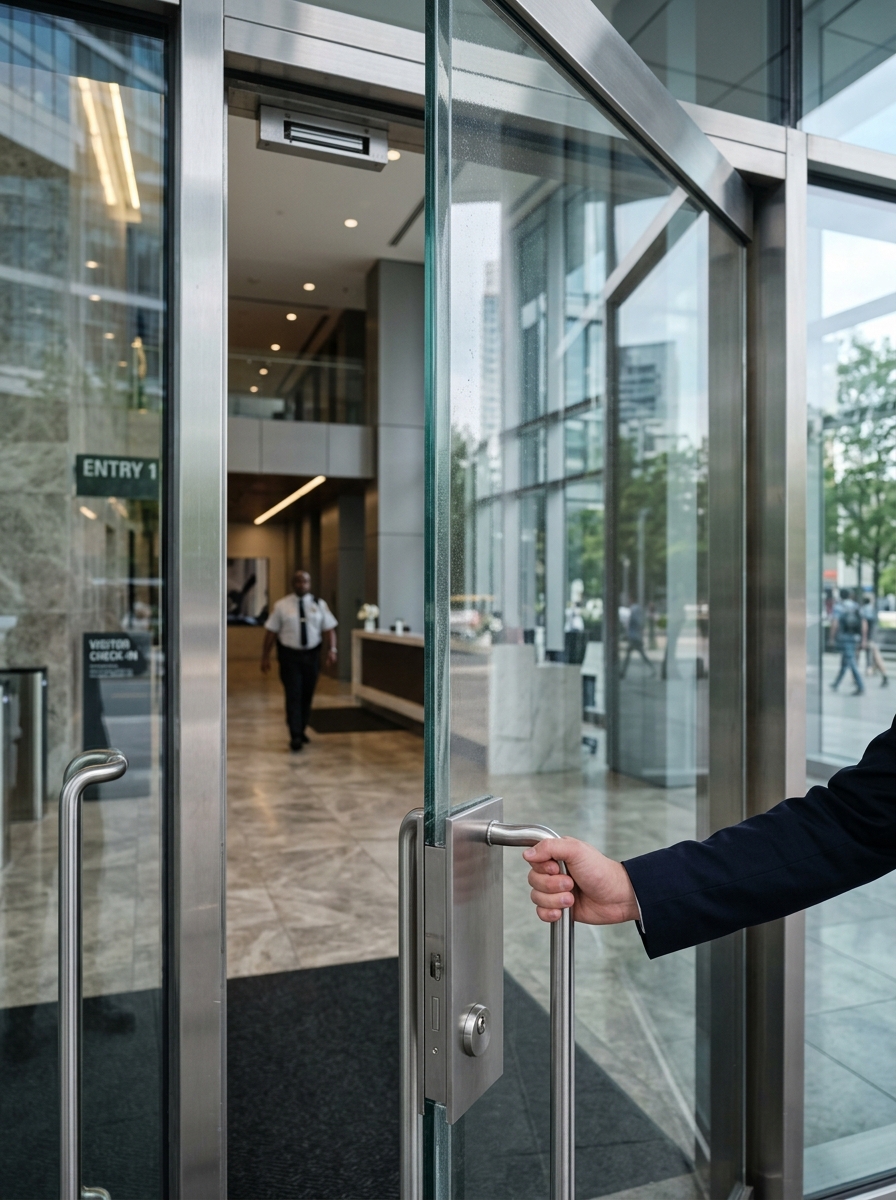 Security window film on commercial building entrance