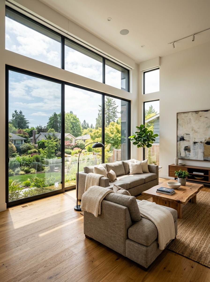Residential window film installation on a bright modern living room