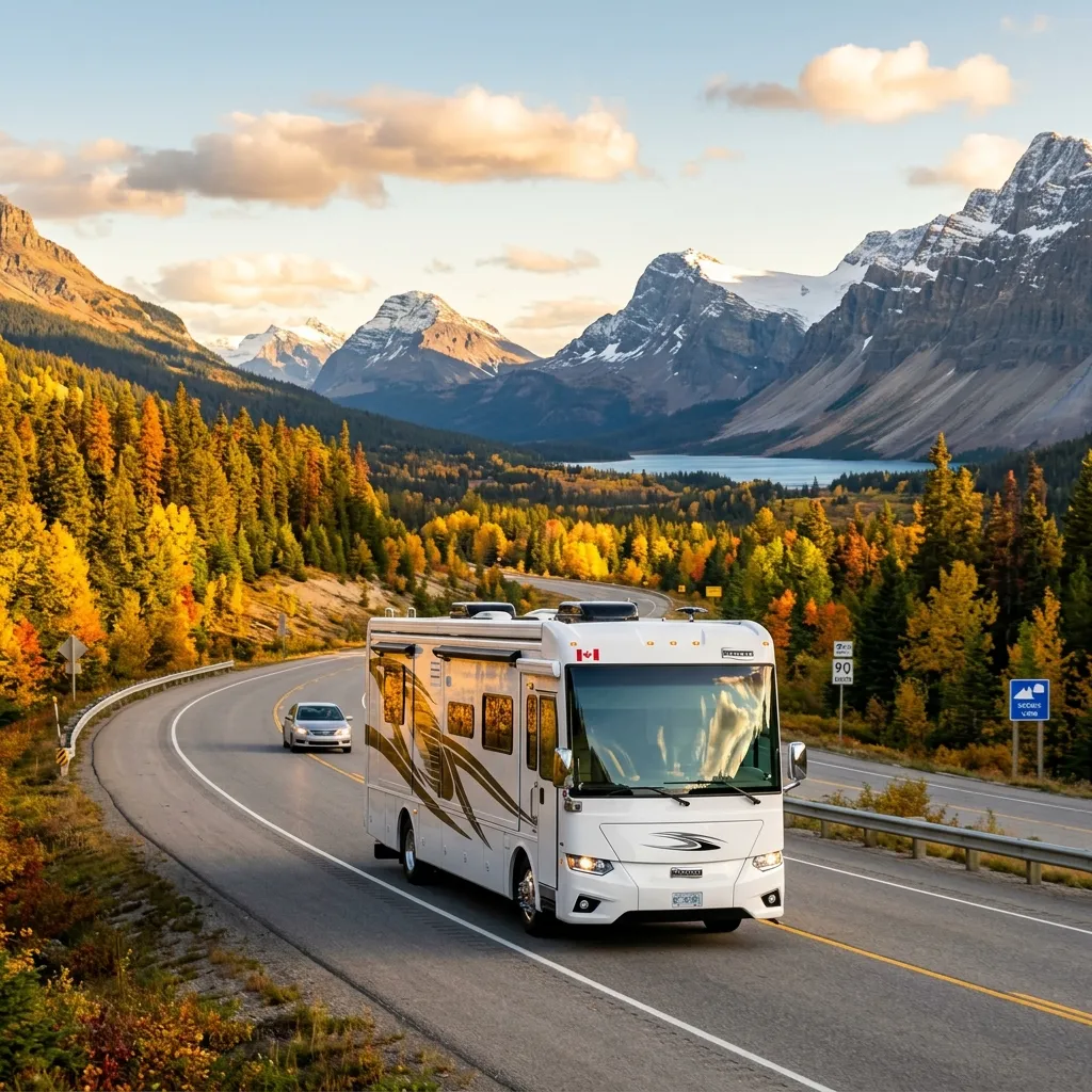 RV motorhome on a scenic Canadian highway